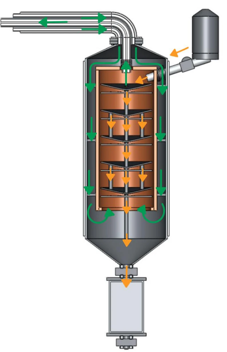 Original CAD airflow-path diagram with arrows showing the outer passage and inner heat-transfer route