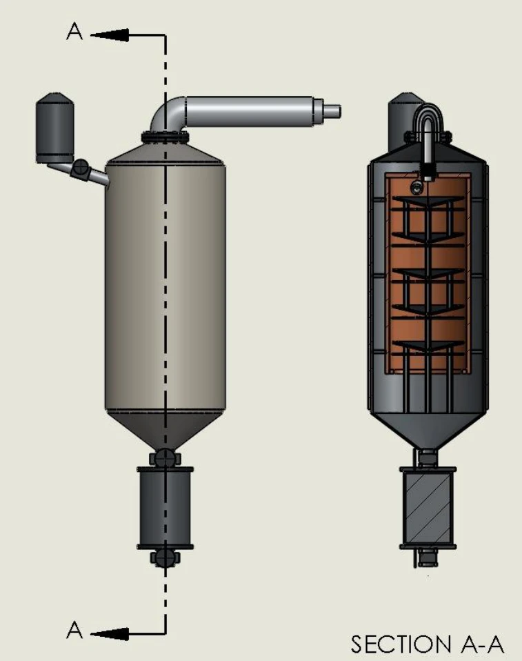 Heat exchanger section revealing the double shell and internal bed stages